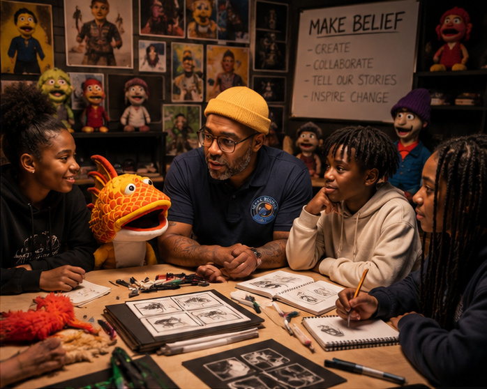 Dorian Forbes in a puppet storytelling workshop with students
