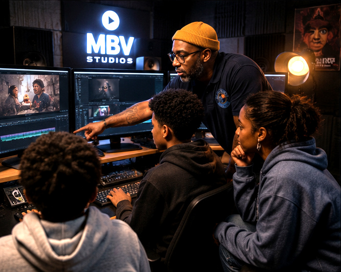 Dorian Forbes mentoring students in the editing bay