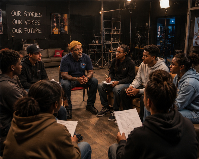 Dorian Forbes leading a story circle with students