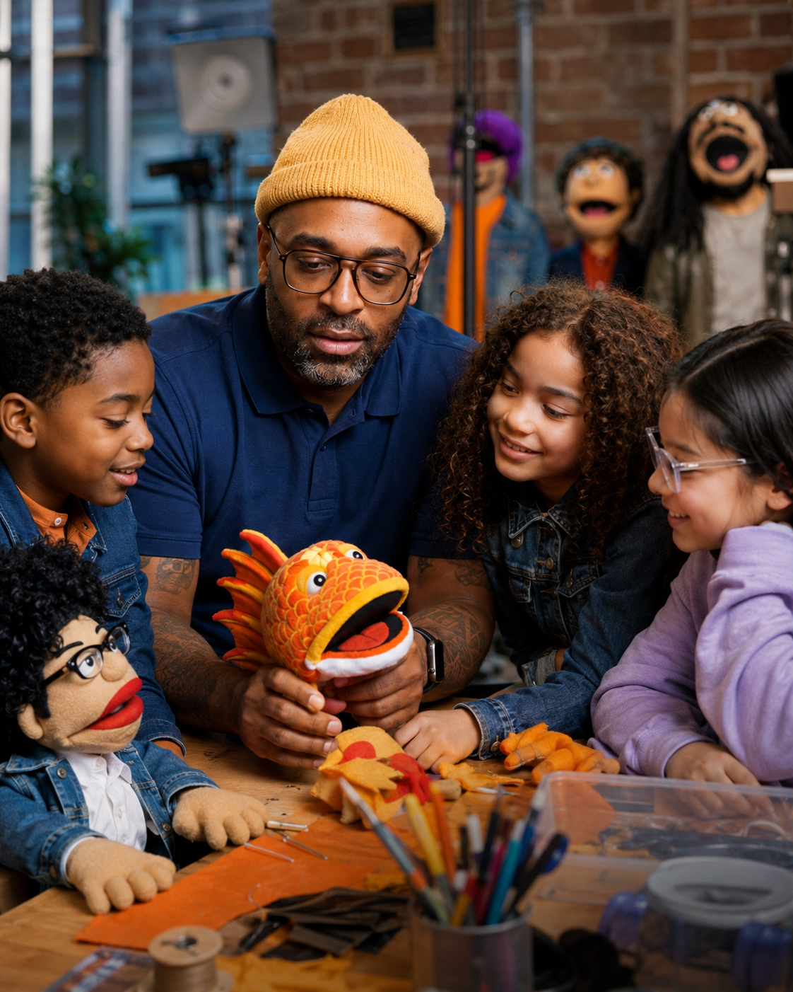 Dorian Forbes teaching puppet craft with young students