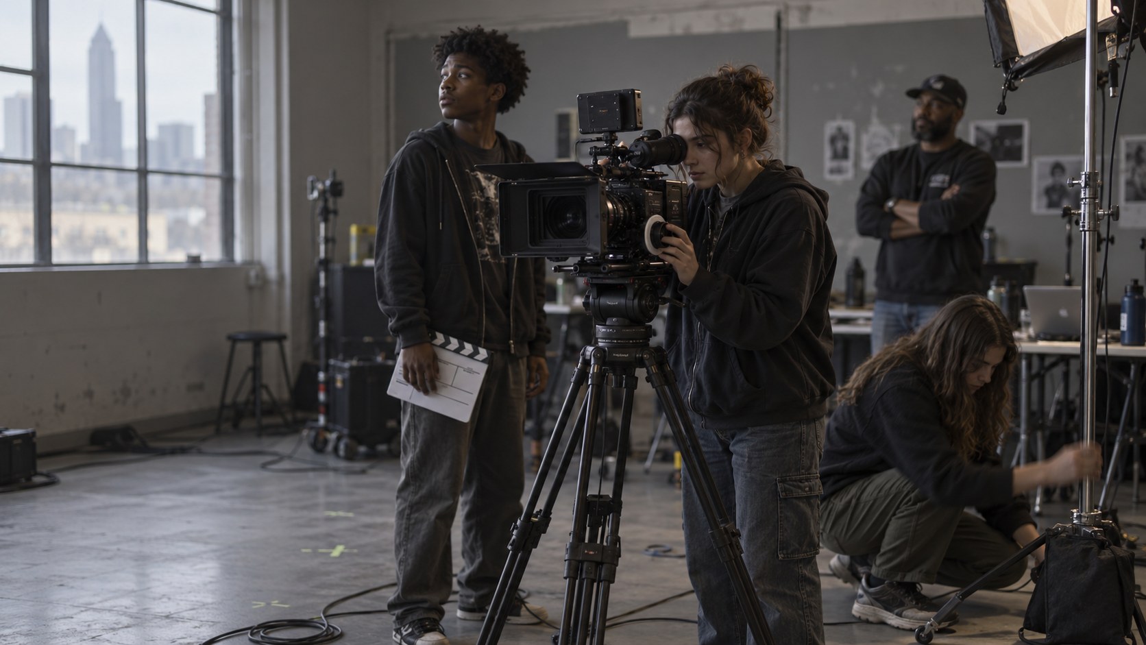 High school students setting up a cinema camera on a studio floor