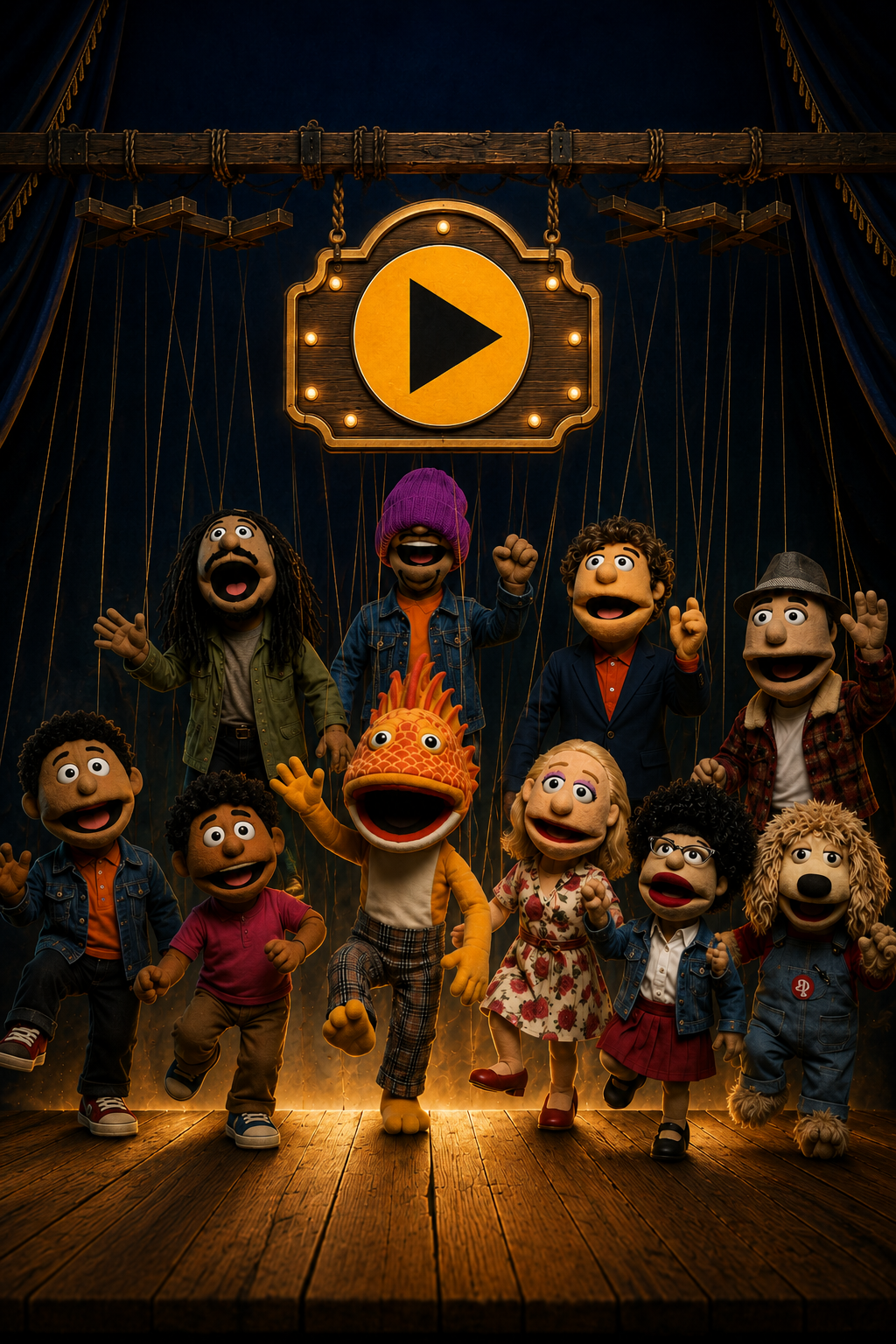 Make Believe Village puppet cast on stage